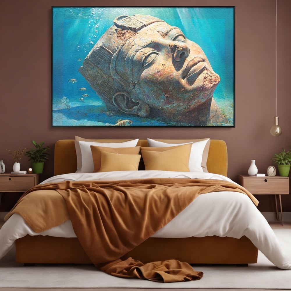 Tablou canvas cu cap de statuie faraonica scufundat, in rama de aluminiu negru, pe perete intr-un dormitor